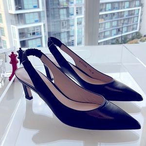 Stuart Weitzman Pointed Toe Black Leather Sling Back